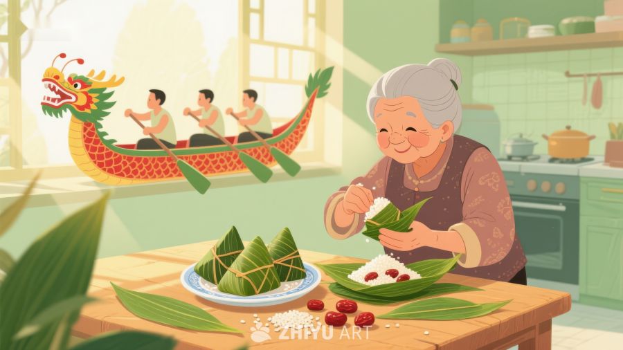 奶奶包粽子，窗外龙舟赛 360