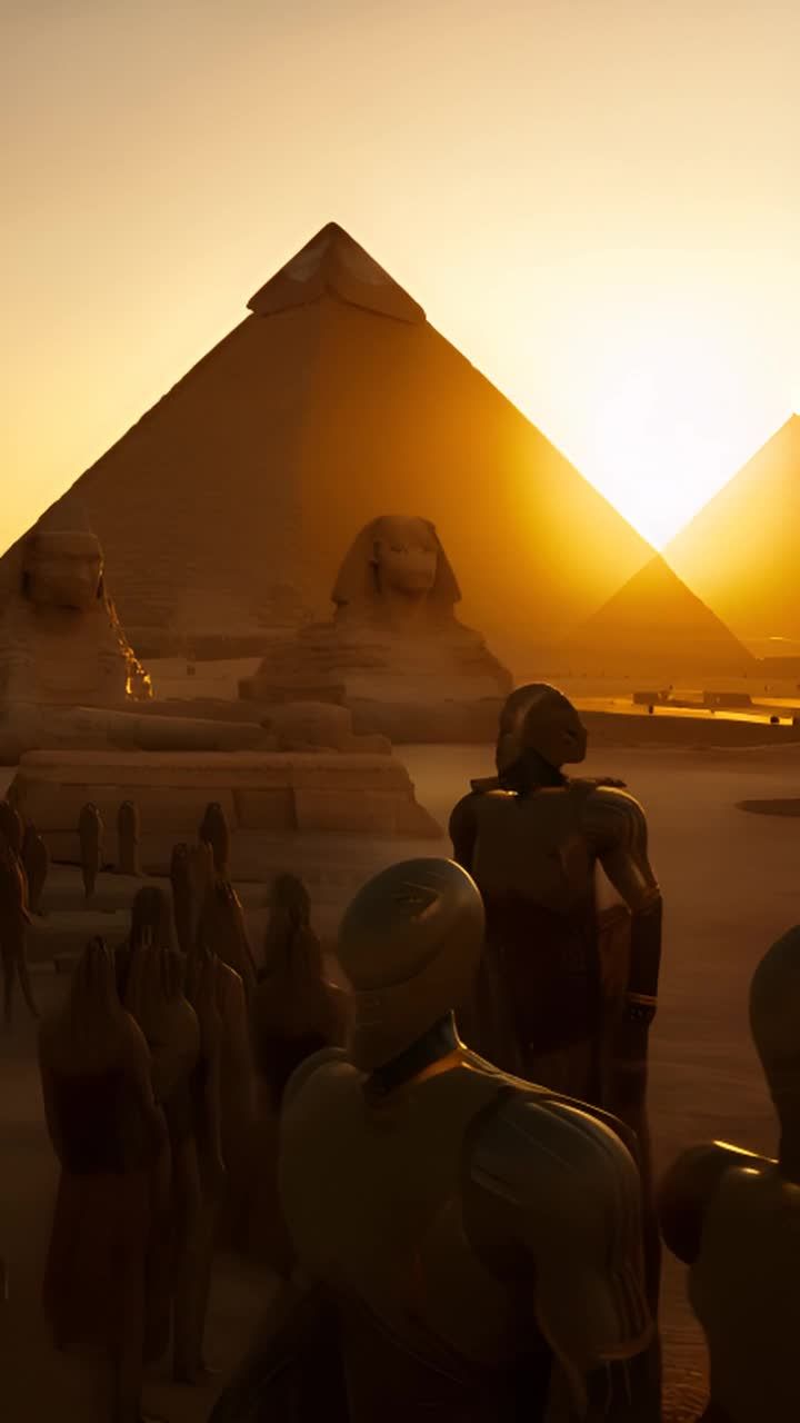 夕阳西下，埃及的古代金字塔和狮身人面像巍峨耸立。一
