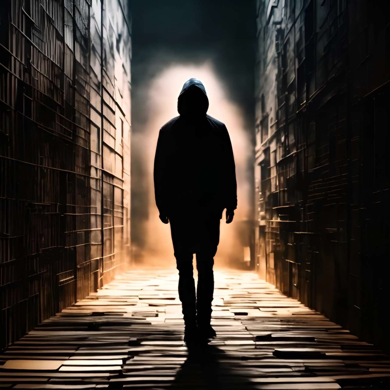 一个人穿着深色连帽衫，走在狭窄的巷子里，巷子的地面