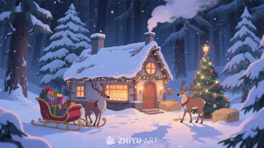雪夜小屋与驯鹿雪橇 438