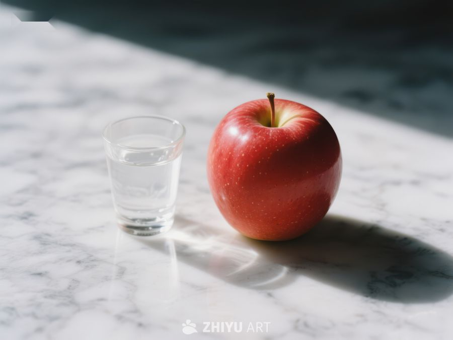 红苹果与清水杯静置大理石台面 122