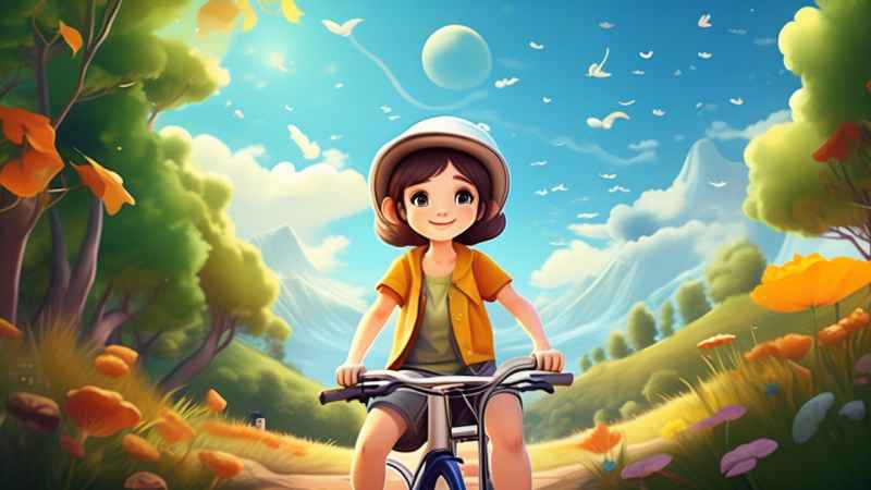 卡通可爱的女孩骑自行车梦幻般的意象 28