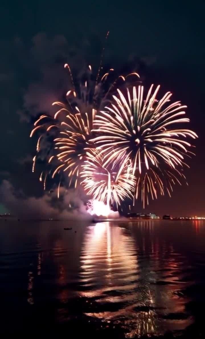 夜空中绽放出多束烟花，烟花呈金红色，在空中形成圆形