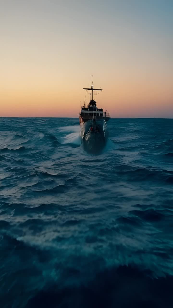 海洋中的大型船舶在黄昏时分。渔民们紧张的表情特写镜