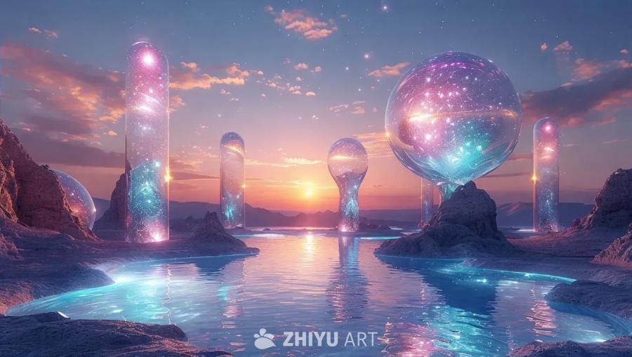水面上有多个发光的球体和柱体，球体呈圆形，柱体呈长