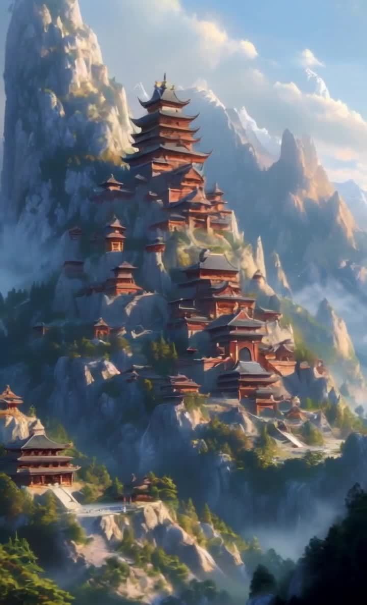 一座多层宝塔式建筑群坐落在山顶上，建筑呈深红色，屋
