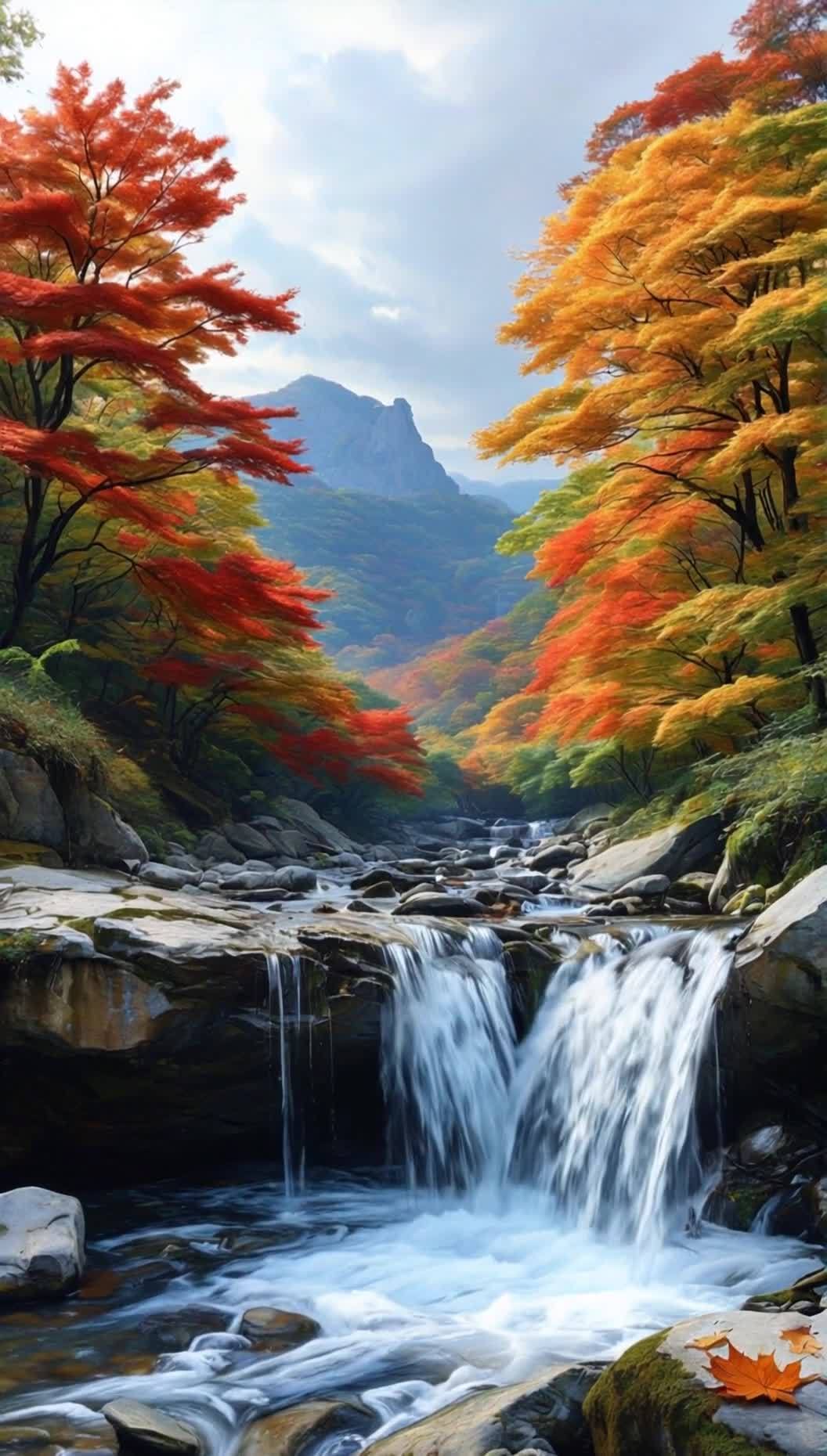 秋季山谷瀑布，红黄树木掩映，流水潺潺。
