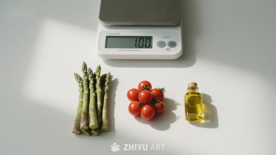 厨房秤旁的芦笋、樱桃番茄与橄榄油