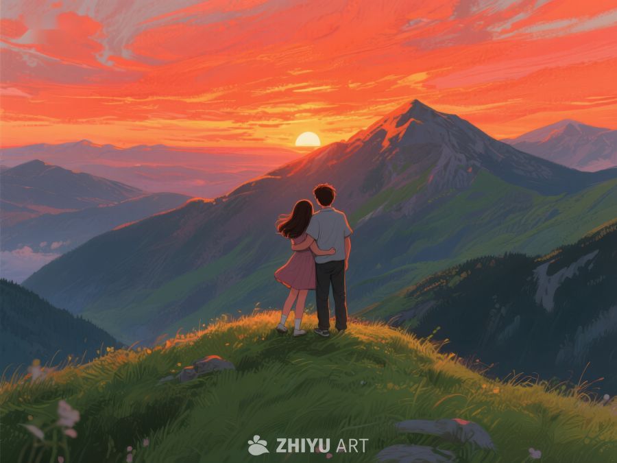 山巅情侣共赏夕阳美景 619