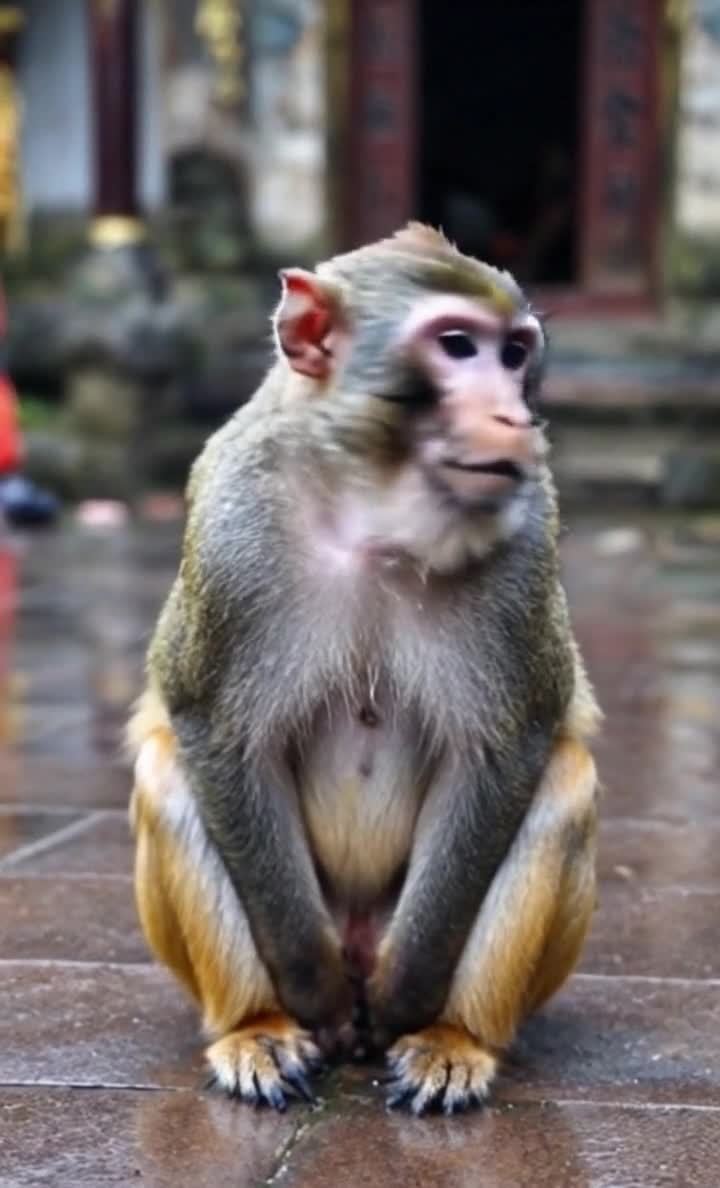 一只猴子坐在寺院的地板上，毛发呈现灰色和黄色的颜色
