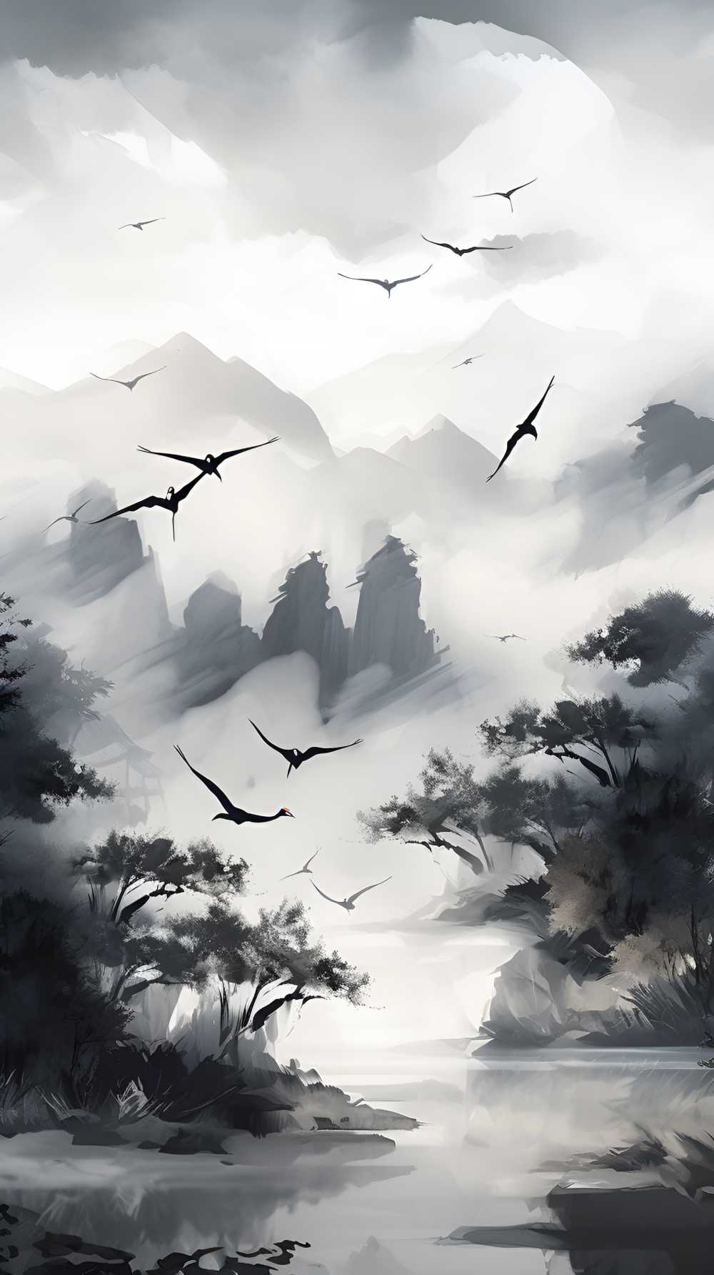 古风黑白桥山水画