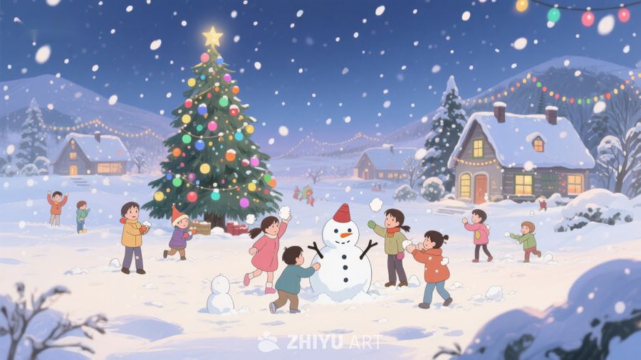 冬日雪景中的圣诞树与儿童嬉戏 9