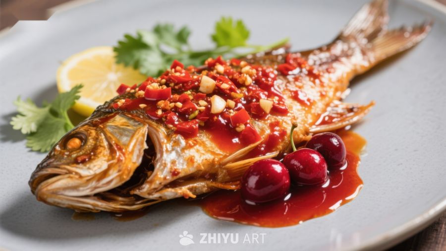 香辣鱼料理，配以柠檬与樱桃