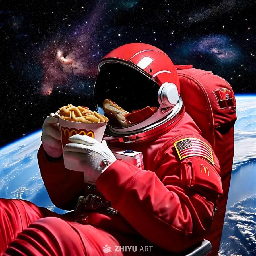 一个身穿红色宇航服的宇航员，背后是星空和地球，宇航