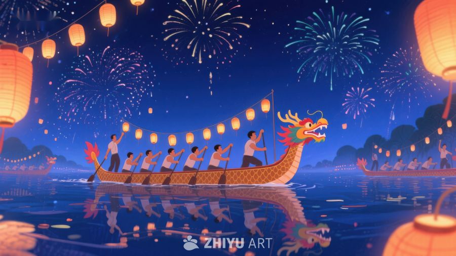 龙舟竞渡，夜空烟花璀璨 288