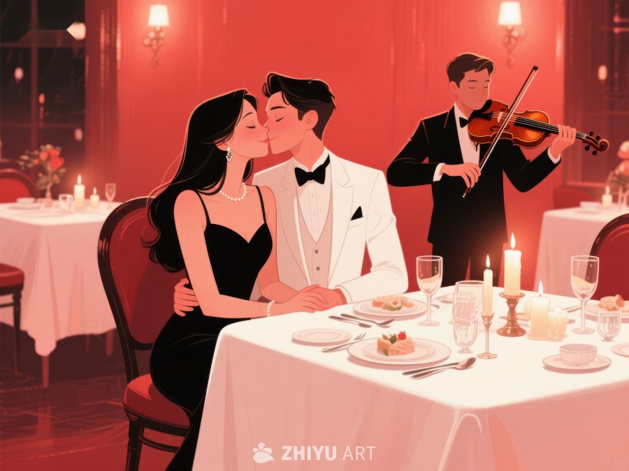 浪漫晚餐：情侣在小提琴伴奏下亲吻 444