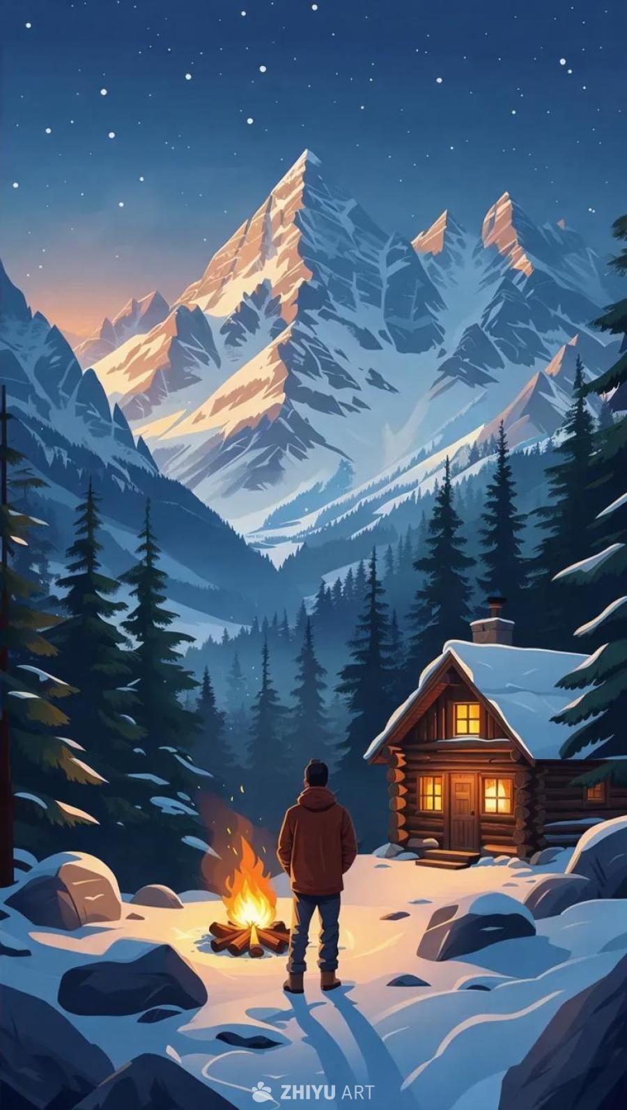 在雪山脚下，一个身穿棕色外套的人站在燃烧的篝火旁。