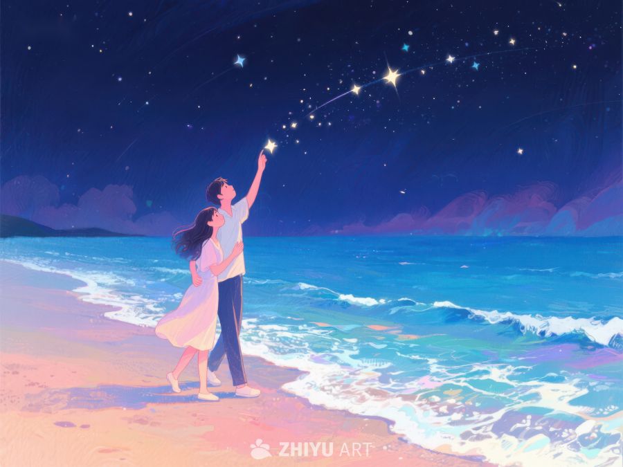 情侣海边夜空下追逐流星 506