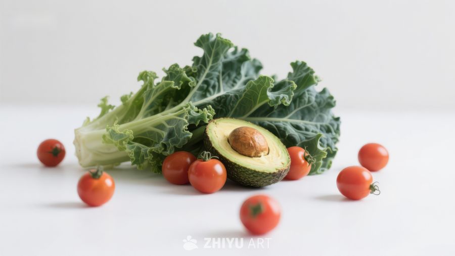 新鲜蔬菜组合：羽衣甘蓝、樱桃番茄与牛油果