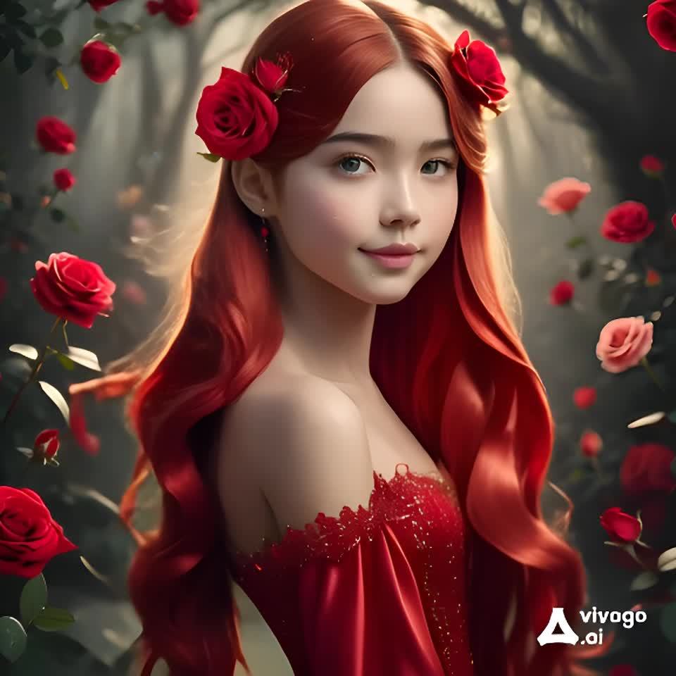 一位女性穿着红色连衣裙，她的头发是红色的，头戴红玫