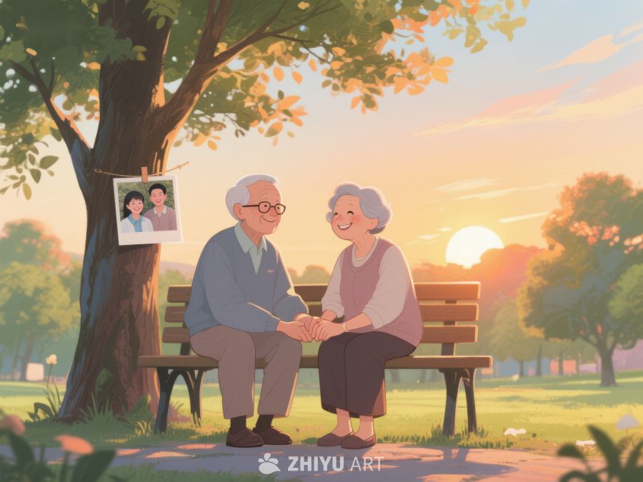 夕阳下老人公园长椅上的温馨时光 945