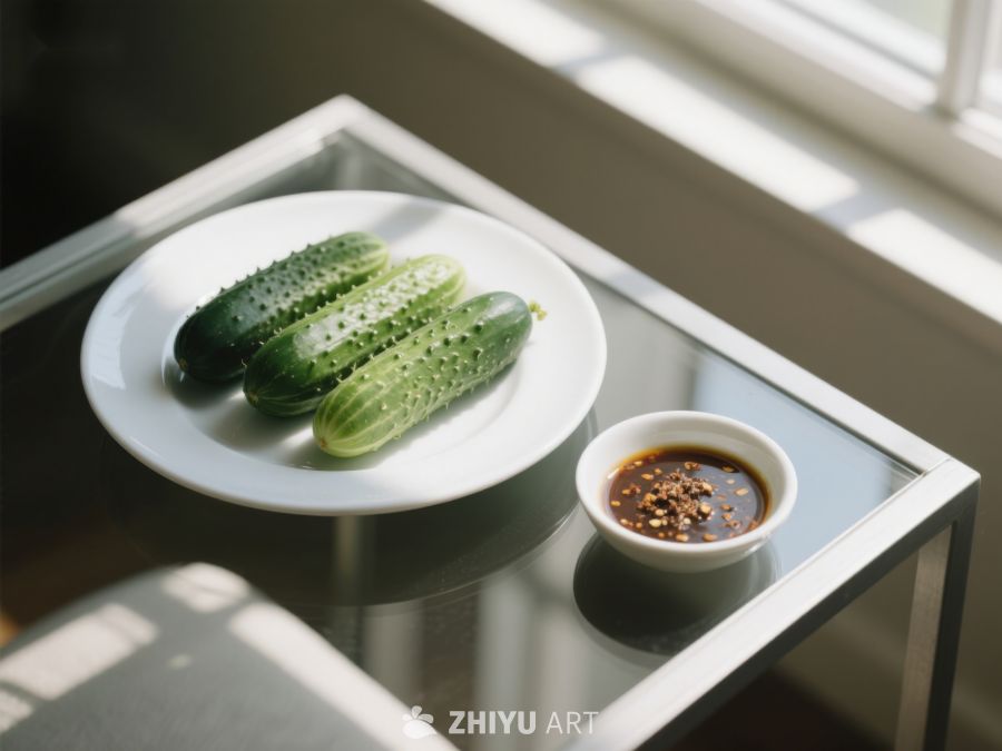 盘中黄瓜配蘸料，简洁餐桌布置 278