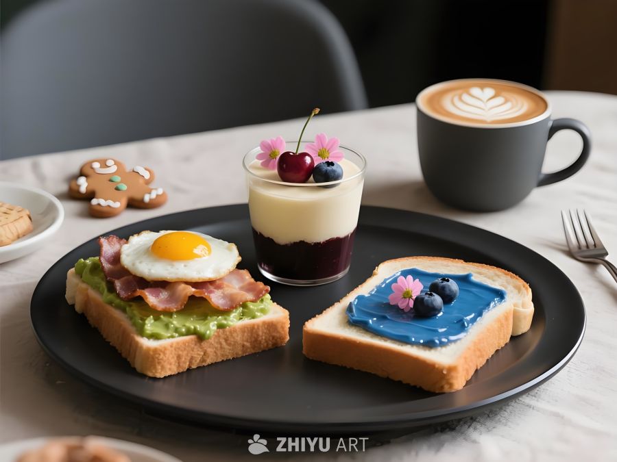 餐食摄影吐司配煎蛋培根创意酱抹吐司搭咖啡与小食的早餐摆盘