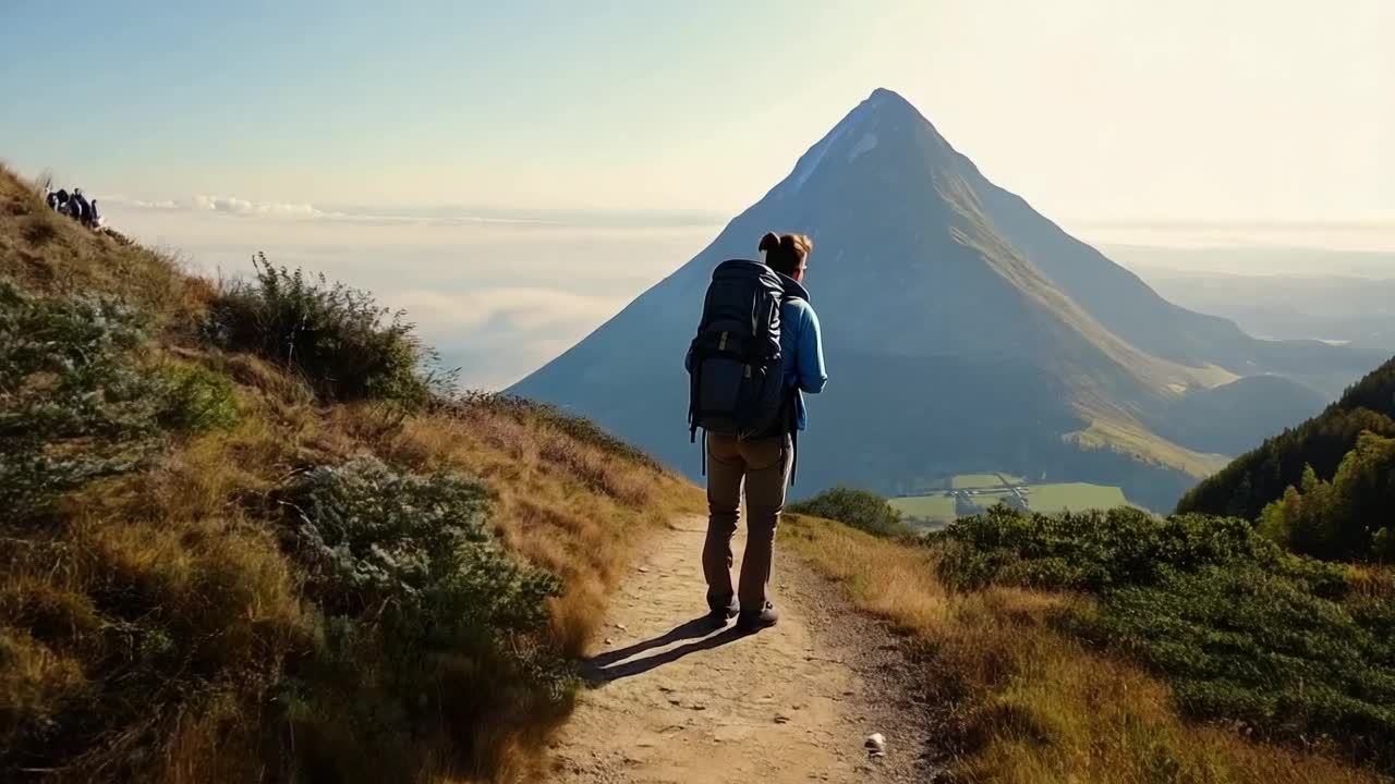 一个背着背包的徒步旅行者站在一条陡峭的小路上。他穿
