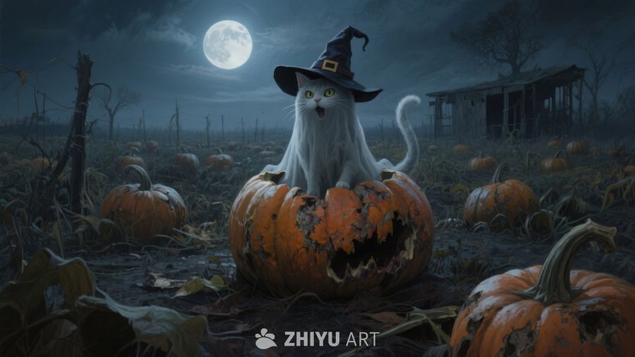 万圣夜猫巫师坐南瓜