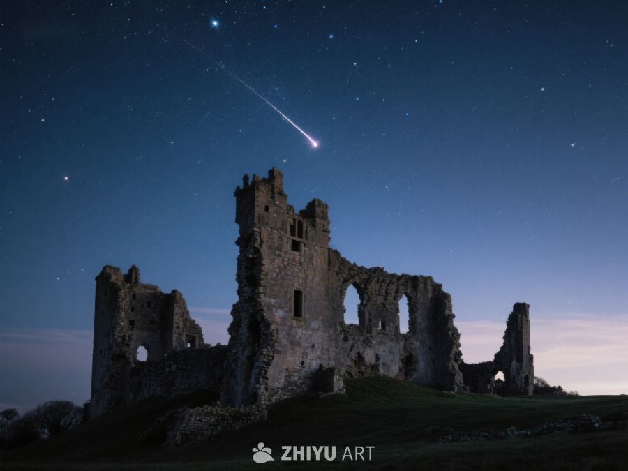 夜空流星划过古老废墟 239