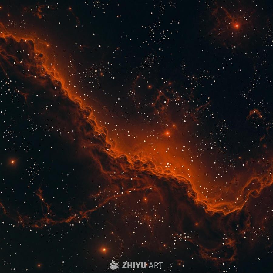 深色的天空中点缀着星星，橙色调的星云状图案在其中蔓