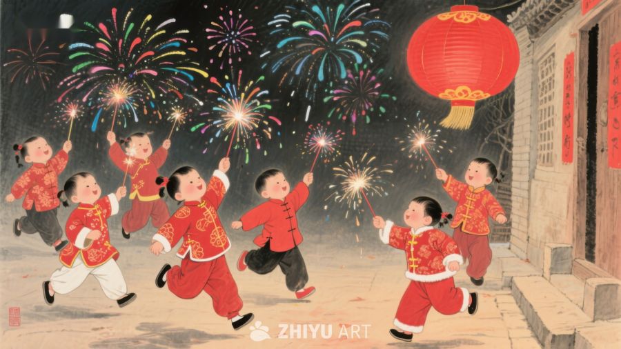 孩童欢庆新年，烟花绽放夜空 271