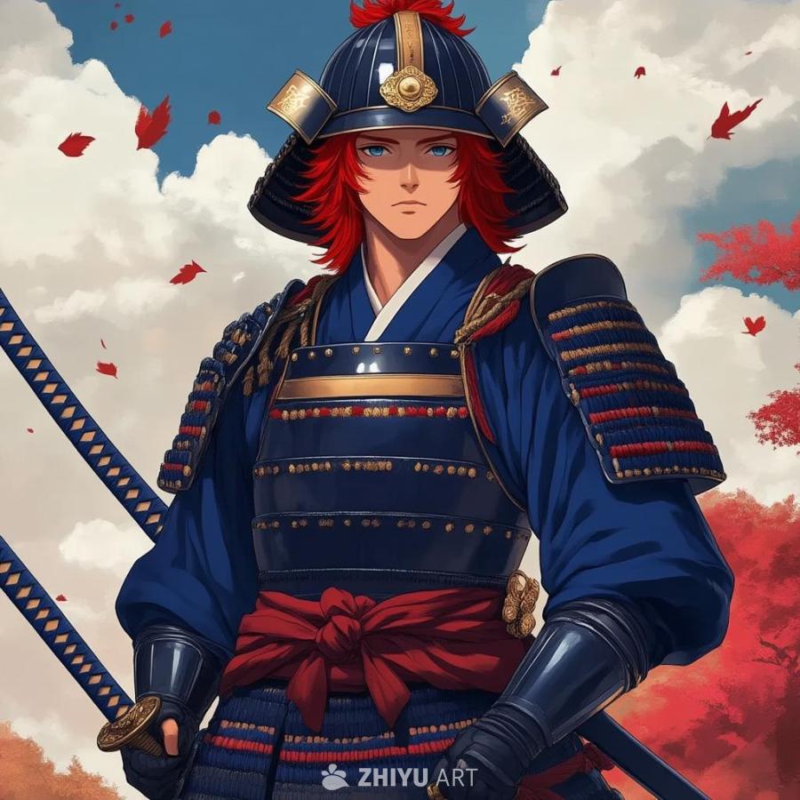 一个年轻男子，红发，蓝眼睛，身着蓝色日本战国时代的