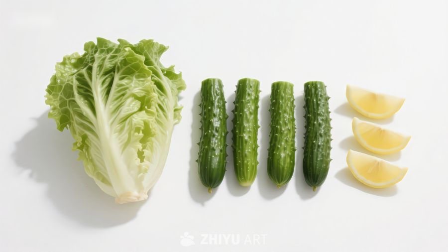 生菜黄瓜柠檬静物摆放