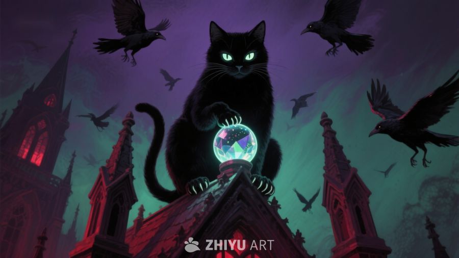 黑猫夜空俯视水晶球