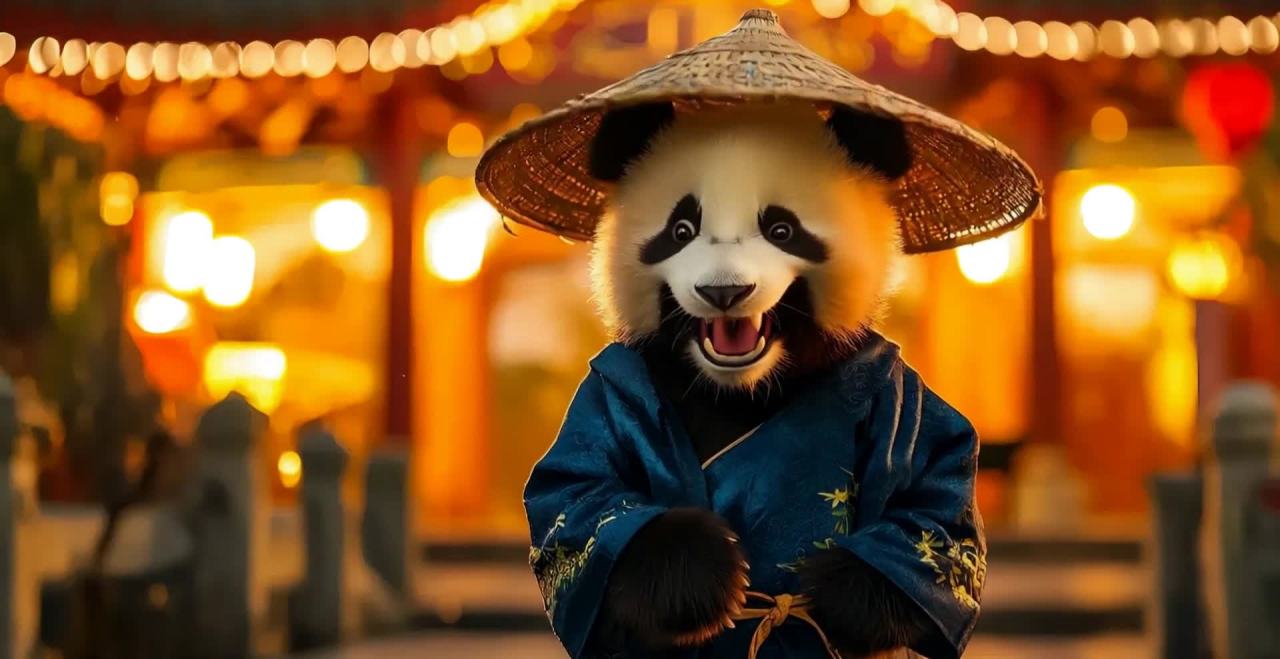 一只熊猫戴着一顶稻草帽，穿着一件绣有金色图案的蓝色