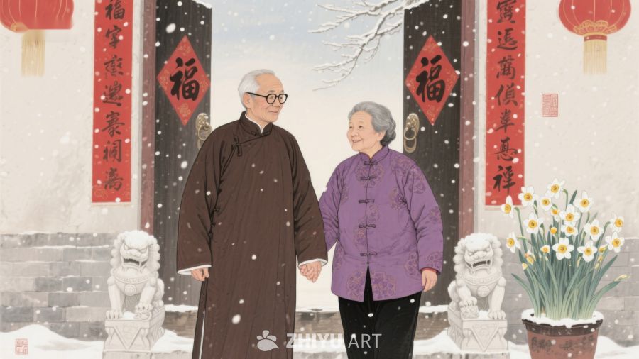 雪中庭院，老夫妇共赏年景 1153