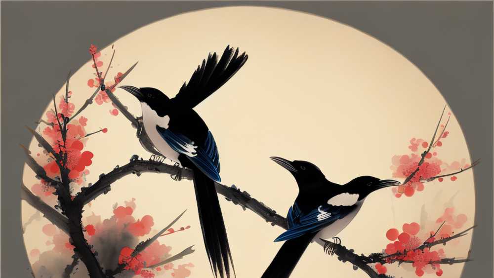 喜鹊国潮七夕插画国潮七夕喜鹊素材