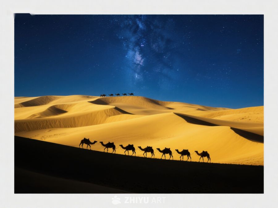 沙漠夜景：骆驼队剪影与星空 69
