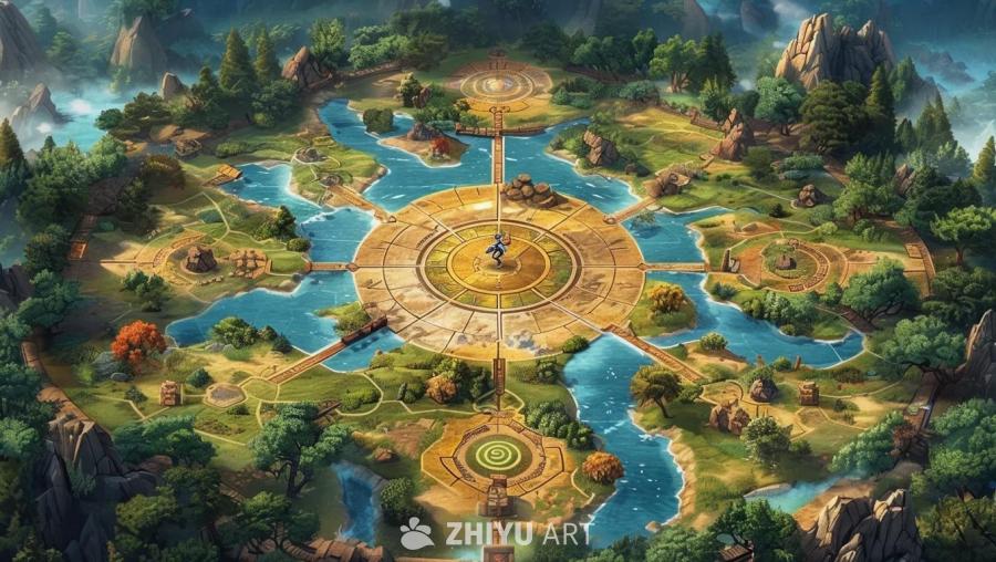 一个圆形的游戏棋盘，中心站立着一个人形角色。棋盘被