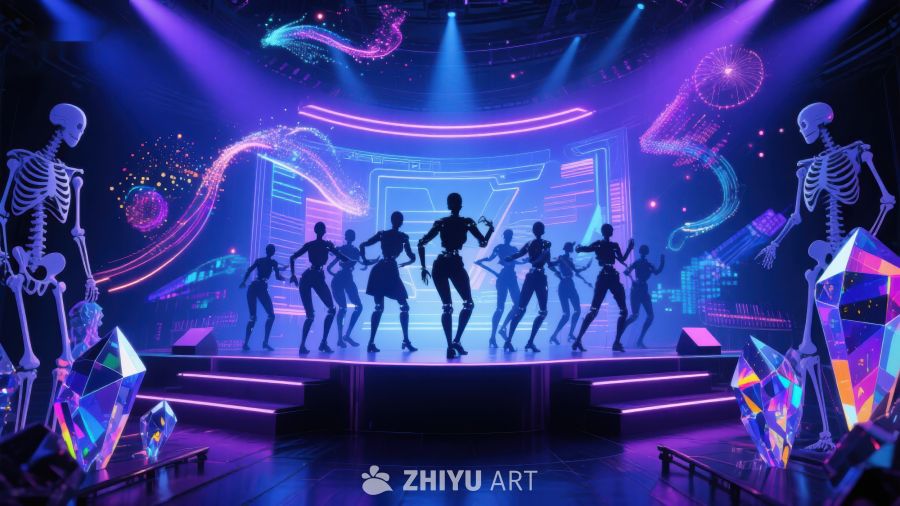 霓虹灯光下的未来舞台表演 302