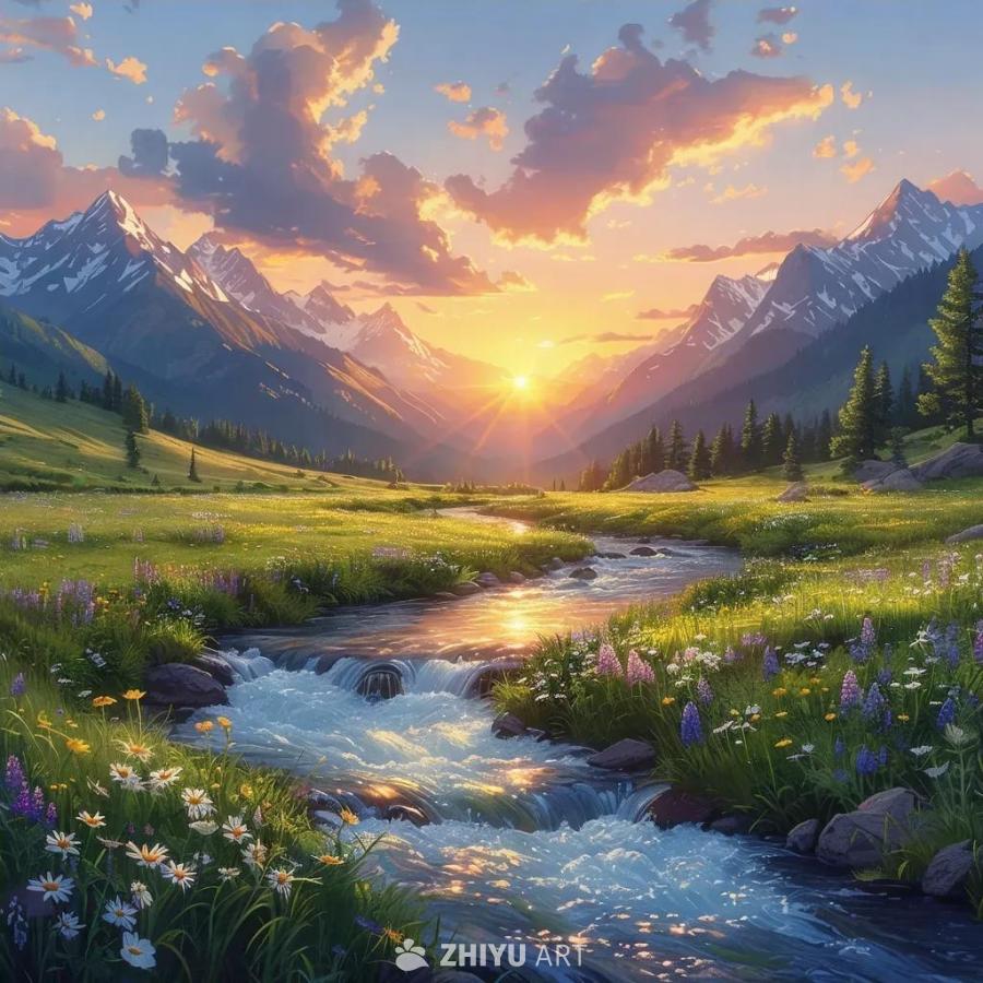 夕阳西下，宁静而风景如画的景色中，一条河流流淌，四