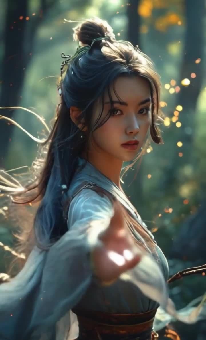 森林中施法的少女，梦幻光点营造氛围。