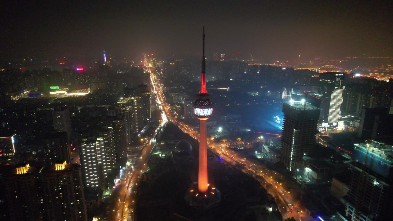 陕西西安电视塔夜景灯光航拍