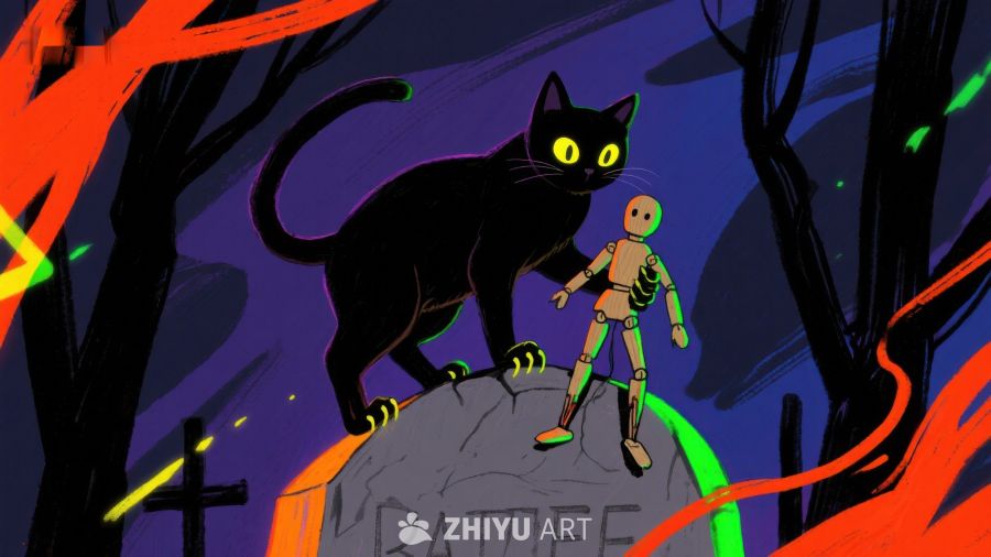 夜幕下的黑猫与木偶