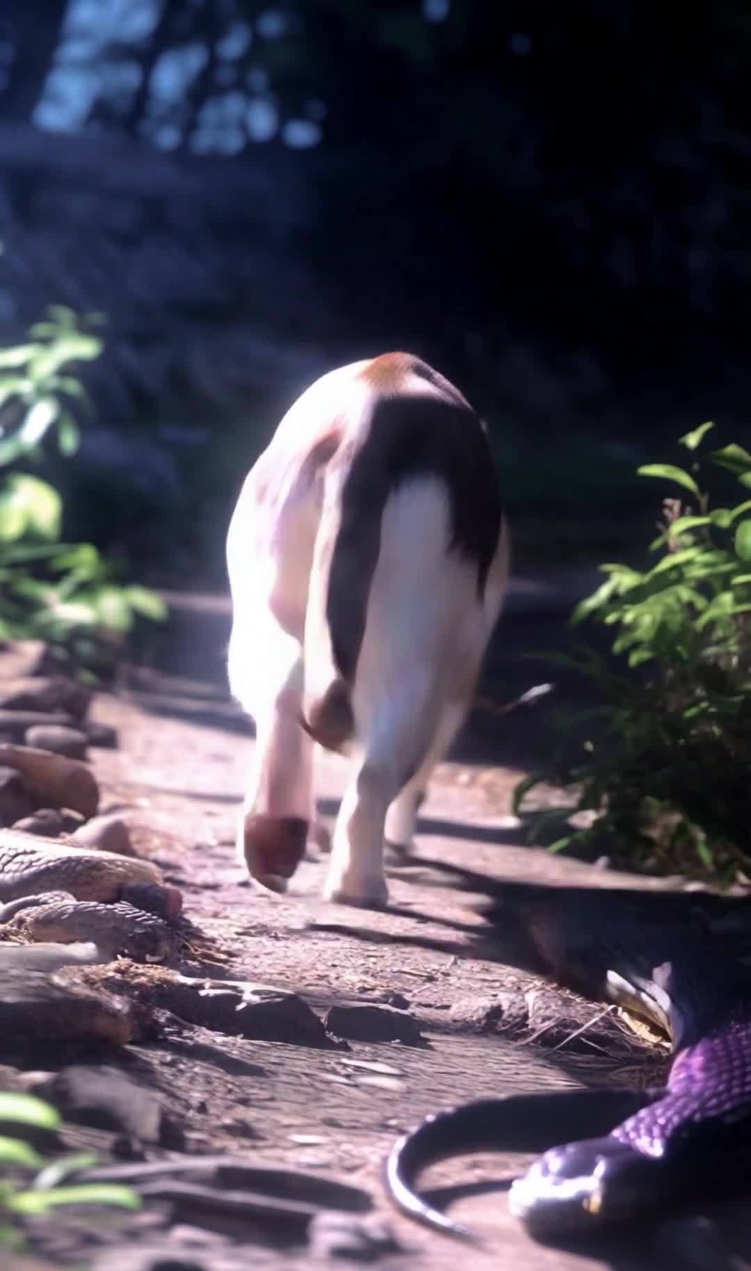 花猫与紫黑蛇，户外探险中相遇。
