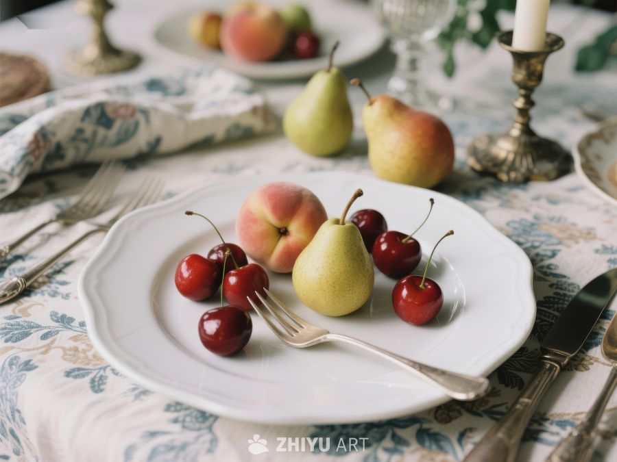 精致餐桌上的水果与樱桃 355