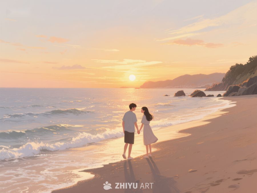 海滩日落下的情侣牵手漫步 263