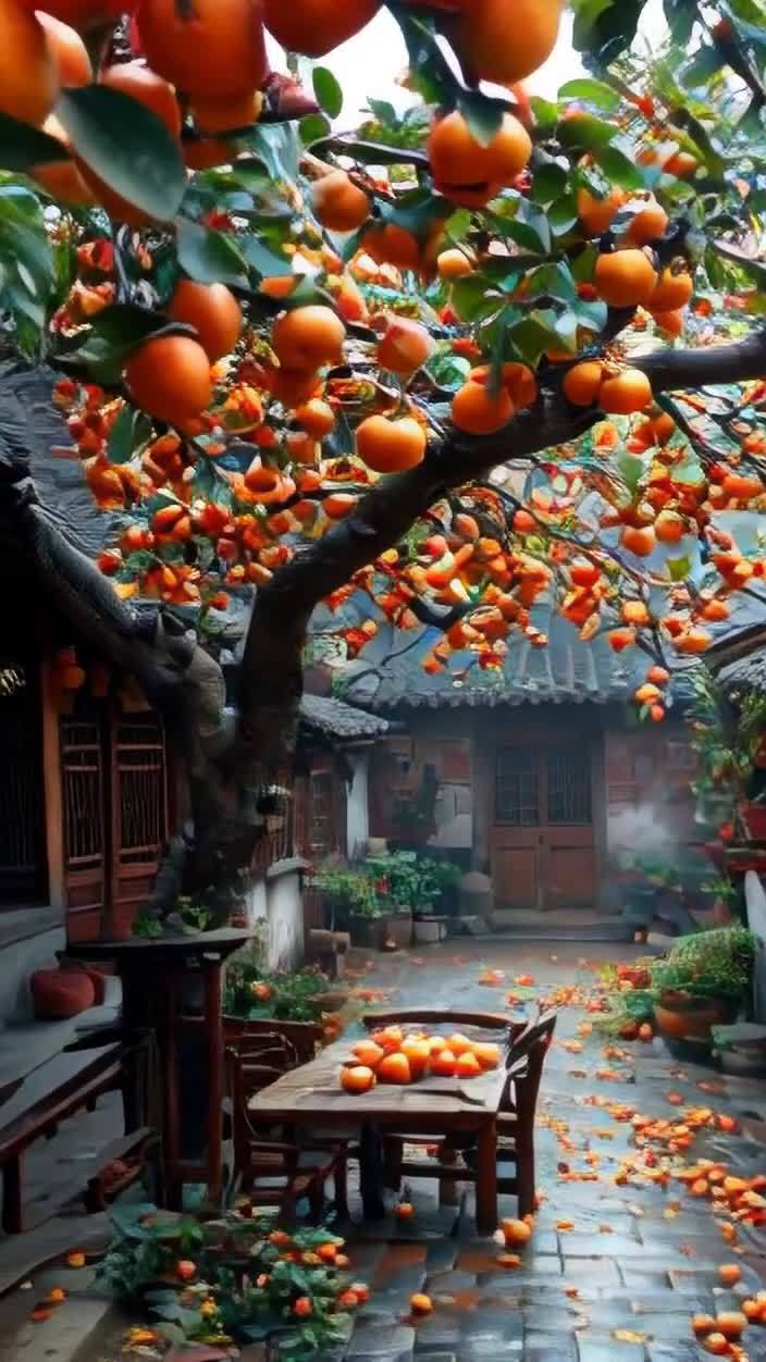 古风庭院柿子树满枝头，桌椅散落柿果秋意浓