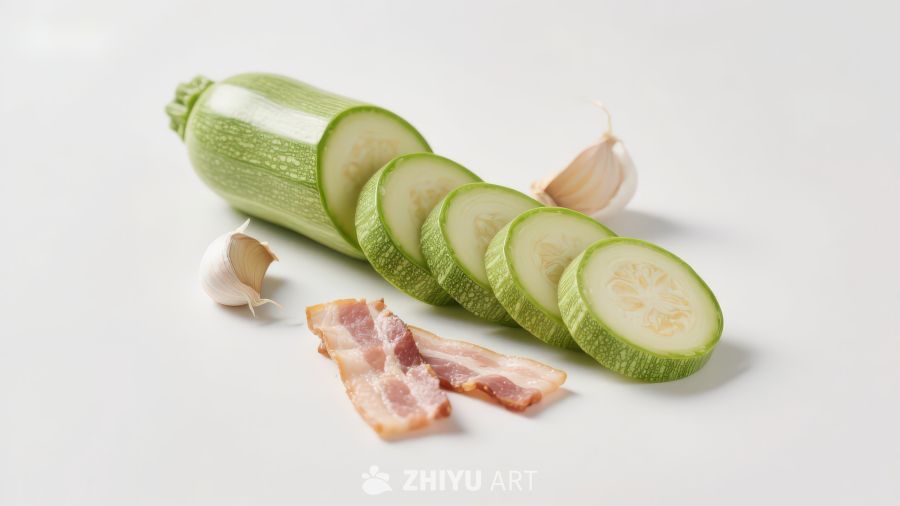 西葫芦切片配培根与大蒜